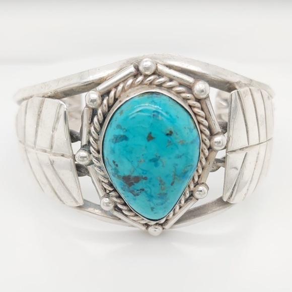 Jewelry - Vintage Sterling Silver Wide  Bangle Bracelet With Turquoise Stone
